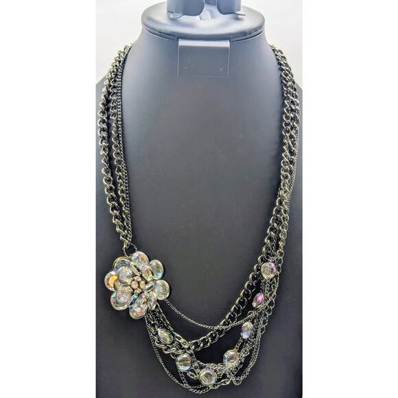 Simply Vera Wang Multi Strand Gun Metal/Black Chain Crystal Flower Necklace - Picture 1 of 8